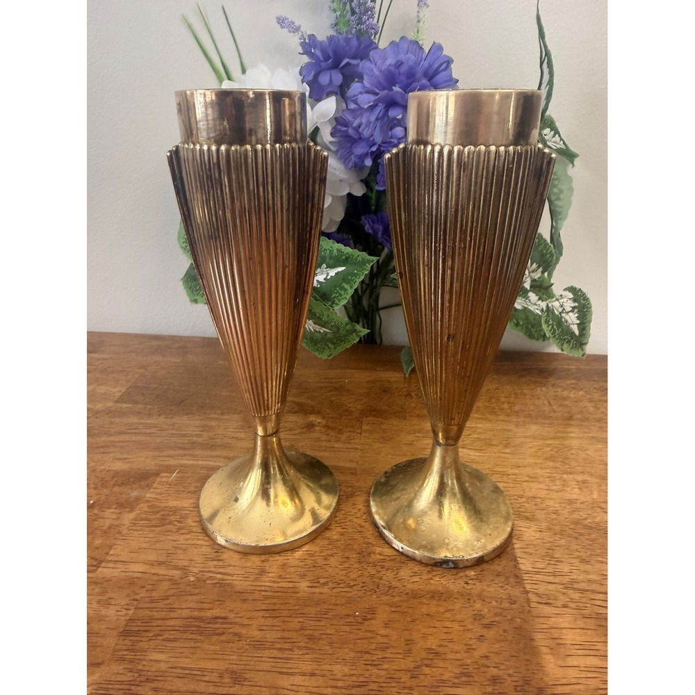 Vintage Brass Art Deco Ribbed Vases England Art Deco Style Mantel Decor‎ Goblet